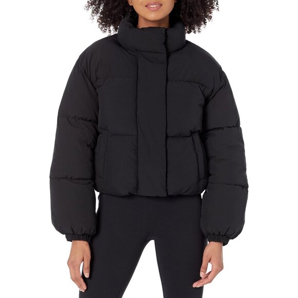Women's Cropped Full-Zip Puffer Jacket Winter Warm Stand Collar